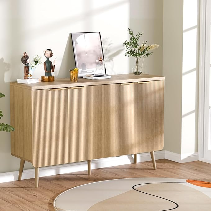 47.2" Buffet Cabinet with 4 Doors, Accent Sideboard Cabinet with Adjustable Shelf, Dining Room Sideboard with Waveform Panel, Credenzas for Living Room, Hallway, Natual Oak