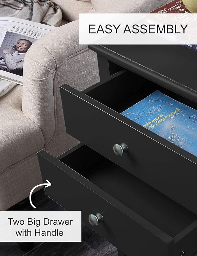 conifferism Black Nightstand End Table with Drawers and Storage Shelf,Tall Bedside Tables for Bedroom