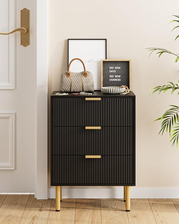 Night Stand,Tall Bedside Table with 3Storage Drawers,White Nightstand,Bedside Furniture,Side Table with Gold Frame,End Table for Bedroom,Living Room (Modern-3drawers, Black.)