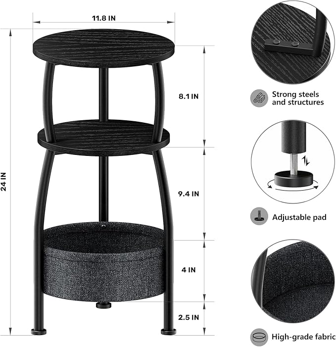 Small Round end Table for Living Room with Storage Basket –Small Space Saving End Table 3-Tier Accent Nightstand Couch Corner Table for Sofa, Bedroom, Patio and More 24in Tall Classic Black