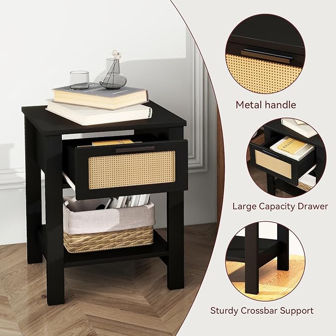 IBUYKE Rattan Nightstand, Boho Night Stand with Drawer, Wood Bedside Tables with Storage Shelf, End Table with Legs for Bedroom, Black UWNS011B