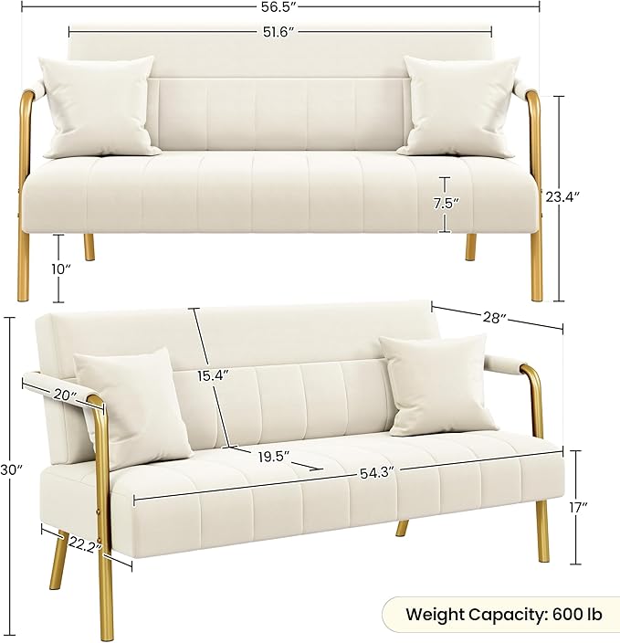 Yaheetech 56.5" W Modern Loveseat 2 Seater Sofa Luxurious Velvet Fabric Couch with Gold-Tone Metal Arms and Legs for Living Room, Home Office, Studio Beige