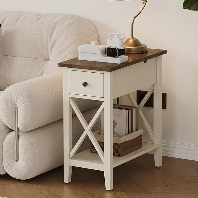 ChooChoo Farmhouse End Table with Drawer, Accent Small Side Table Nightstand for Living Room, Bedroom, and Small Spaces - Soft White
