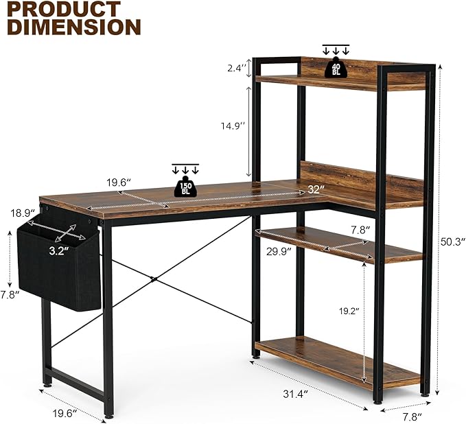 40 Inch L Shaped Computer Desk with Reversible Storage Shelves, Home Office Corner Desk Study Writing Table with Hutch, Study, Rustic Brown