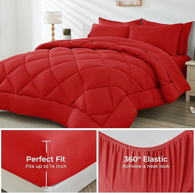 HEVUMYI Red Cali-King Comforter Set - 7-Piece All Season Bed in a Bag Cali-King, Ultra Soft Bedding Set with Comforter, Flat Sheet, Fitted Sheet, Pillowcases, Pillow Shams