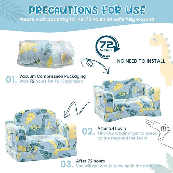 Comfy Toddler Chair and Couch for Kids with Blanket,2-in-1 Soft Plush Fold Out Toddler Couch for Girls and Boys,Convertible Sofa to Lounger for Playroom,Glowing Dinosaur