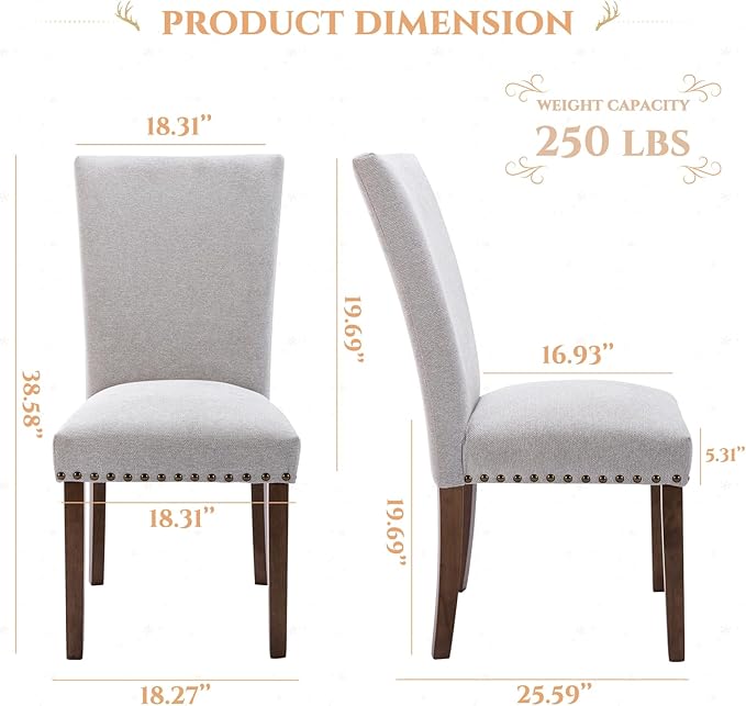 Parsons Dining Chairs Set of 4, Upholstered Nailhead Dining Room Kitchen Side Chair with Thick Cushions and Wood Legs, Light Grey