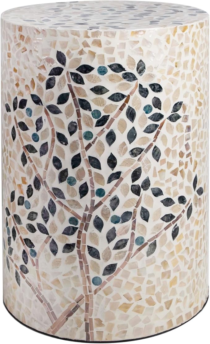 PEMAR Mother of Pearl Cylinder Drum End Table Nacre Side Stool Round Accent Table Coffee Bedside Nightstand and Vanity Stool (Olive Tree)