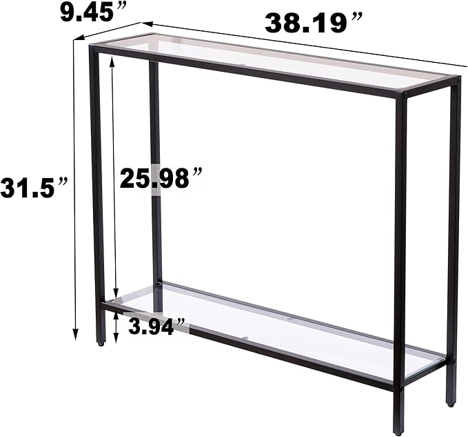 MAJARO Small Modern Console Table for Entryway, Tempered Glass with Metal Frame Sofa Table for Living Room, Hallway, Office (Double-Layer, Black)
