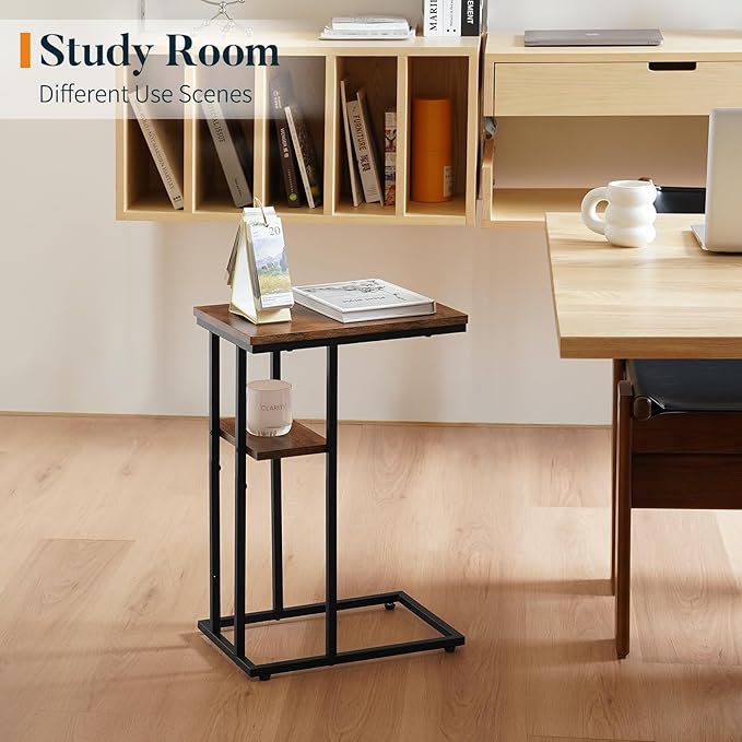 Yoobure C Table End Table Set of 2, Side Tables Living Room, C Shaped Side Table, Couch Tables That Slide Under Couch Table with Metal Frame, Rustic Snack Table for Bedroom/Small Spaces Large Desktop