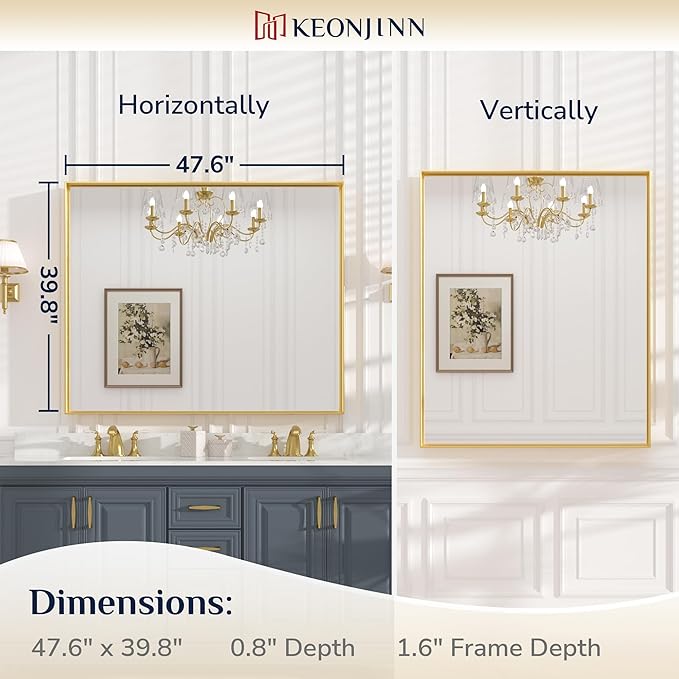 Keonjinn Gold Bathroom Mirrors 48” x 40” Rectangle Wall Vanity Mirror Large Metal Framed Brushed Gold Mirrors Square Corner Farmhouse Mirror for Over Sink(Horizontal/Vertical)