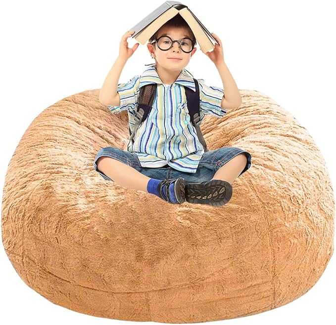 BCU Bean Bag Cover Comfy Beanbag Chair for Adults Without Filler Faux Fur Floor Chair Lazy Sofa Cover Comfy for Living Room Chairs, Yellow, 3.5FT