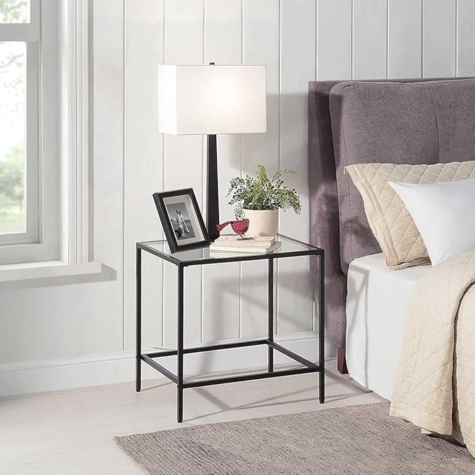 CAWS 22" W Black End Table, Tempered Glass Rectangle Side Table, Night Stand, Modern Minimalist Table, 21.97"L x 18"W x 22"H