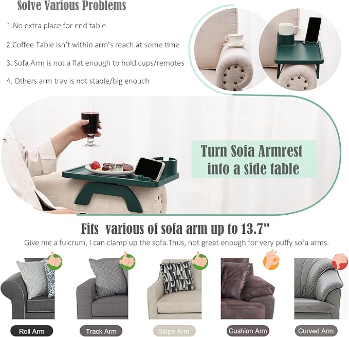 Nnewvante Couch Arm Table,3 in 1 Large 15.36"x9.85" Bamboo Sofa Arm Clip on TV Tray Table with 360°Rotated Phone/Cup Holder, Dark Green