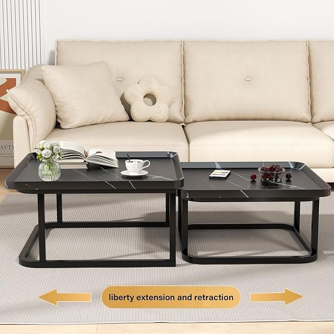 Square Nesting Coffee Table Set of 2, 23.6"+19.7" Nesting Tables,Small Square Coffee Table with Fluted,Center Table for Living Room Bedroom Office Balcony Yard (Black)
