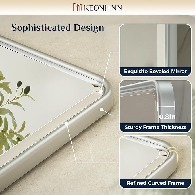Keonjinn 24 x 36 in Silver Pivot Mirror, Satin Nickel Beveled Tilt Mirror Bathroom Rectangle, Adjustable Tilted Mirrors Bathroom for Over Sink, Framed Vanity Mirrors for Wall (Horizontal/Vertical)