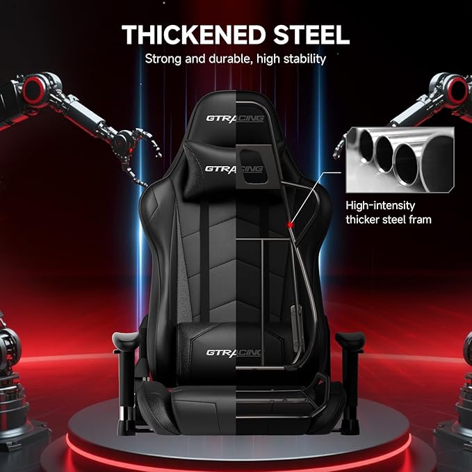 GTRACING Gaming Chair with Reclining Backrest, Adjustable Height and Swivel Base, Ergonomic Computer Chair with Headrest and Lumbar Support (Black)