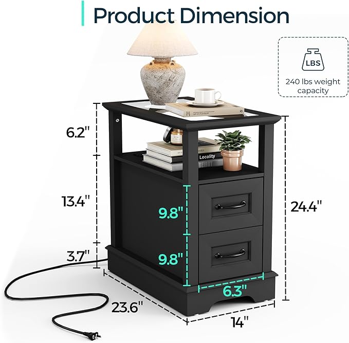 LINSY HOME End Table with Charging Station, Narrow Sofa Couch Side Table with Storage Drawers, Wooden Bedside Table for Living Room, Slim Nightstand for Small Space, Glass Top, Black