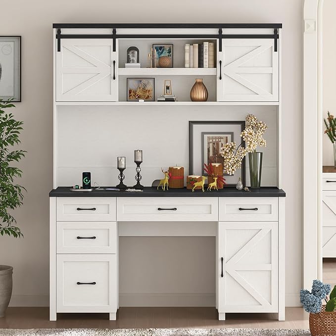 67''H Farmhouse Executive Desk with Hutch & 5 Drawers, Rustic Office Desks Computer Desks with Charging Station, File Drawers and Storage Cabinets, Wood Workspace for Home Office & Study,Black.
