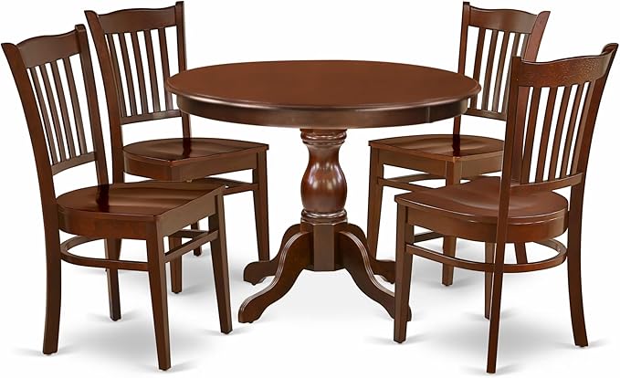 East West Furniture HBGR5-MAH-W 5 Piece Dining Table Set for 4 Includes a Round Kitchen Table with Pedestal and 4 Dinette Chairs, 42x42 Inch, Mahogany