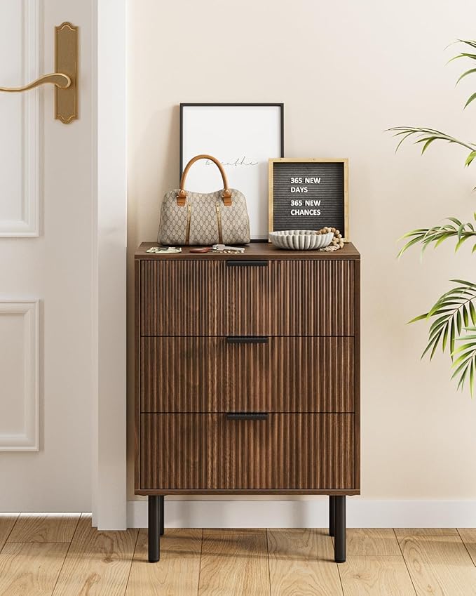 Night Stand,Tall Bedside Table with 3Storage Drawers,Walnut Nightstand,Bedside Furniture,Side Table with Gold Frame,End Table for Bedroom,Living Room