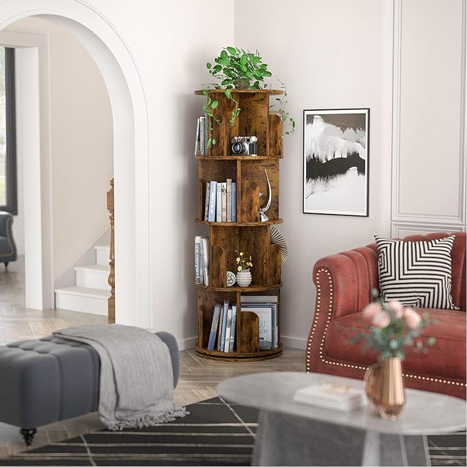 Aheaplus Rotating Bookshelf, Small Corner Bookshelf for Small Space, 360 Display 4 Tier Floor Standing Bookcase Storage Rack, Wood Narrow Book Shelf Organizer for Bedroom, Living Room, Rustic Brown