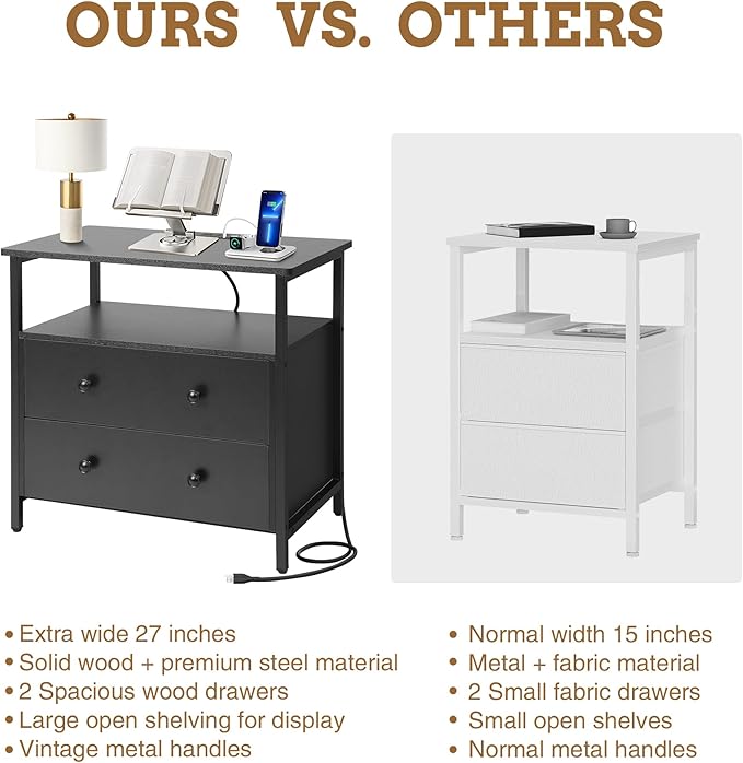27 inch Wide Nightstand with Charging Station, Bedside Table with Open Shelf, 2 Drawers Small Wood Dresser, End Side Table for Bedroom (Black)