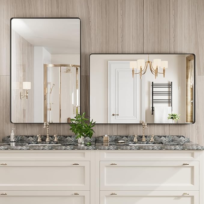 Black Bathroom Mirror 48X32 Inch, Black Metal Framed Mirror for Wall, Rounded Rectangle Matte Bathroom Vanity Mirror with Tempered Glass, Anti-Rust, Horizontal/Vertical