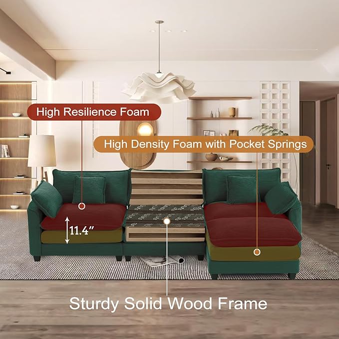 Furniliving 117‘’ L-Shaped Sofa, Luxury Corduroy Modular Sectional Couches with Ottoman, Upholstered Deep Seat Sleeper Sofa with Memory Foam and Waist Pillows, Green