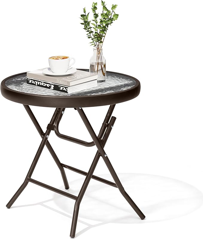 Foldable Side Table with Tempered Glass Top 18" Outdoor Folding Side Table Small Glass Patio Tables for Porch Yard Balcony Deck Lawn Dining Garden (Brown)