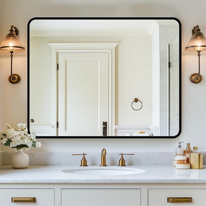 Bathroom Mirror, 40" x 30" Wall Mirror, Rectangular Aluminum Alloy Frame Contemporary Hanging Mirror for Living Room Bathroom Entryway, Black Rounded Corner
