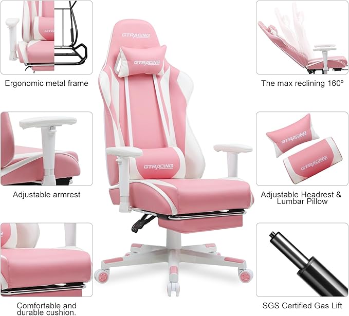 GTRACING Gaming Chair with Footrest, Ergonomic Computer Game Desk Chair, Reclining Gamer Chair Seat Height Adjustment, Swivel Rocker with Headrest and Lumbar (Pink)