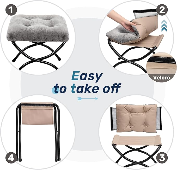 HollyHOME 15"(H) Folding Footrest Stool, Upholstered Small Foldable Ottoman, Accent Padded Sofa Foot Stool for Lazy Chair, Metal Frame Portable Foot Rest Ottoman for Home, Living Room, Bedroom, Grey