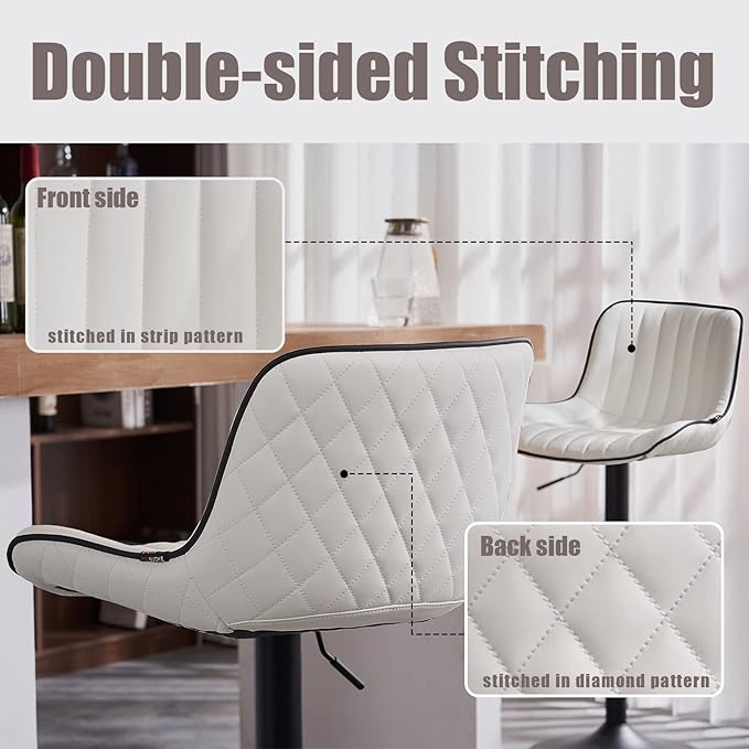 YOUNIKE White Bar Stools Set of 2 Kitchen Counter Height Barstools Upholstered Swivel Modern Faux Leather Bar Chairs with Backs Adjustable High Breakfast Island Stool with Metal Leg