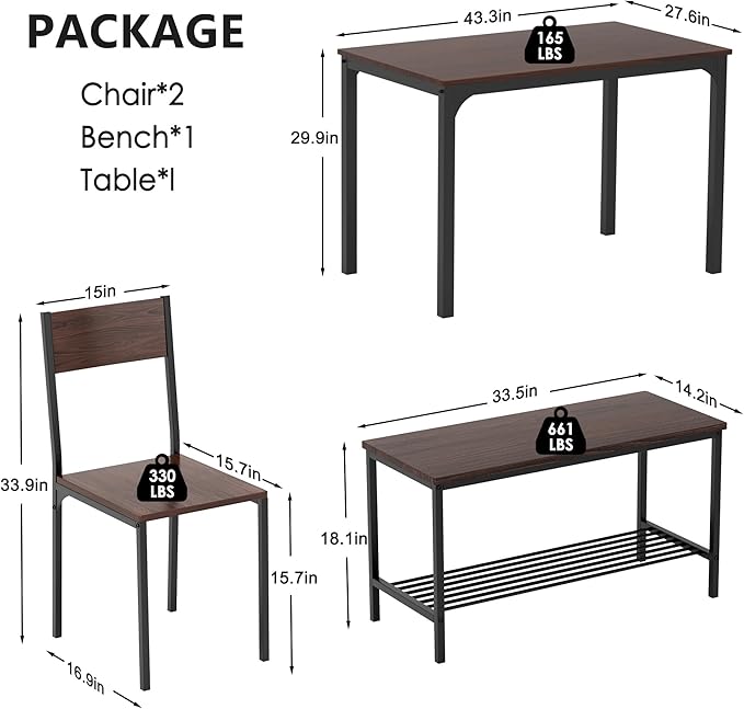sogesfurniture 4 Piece Dining Table Set, Dining Table Set for 4, Kitchen Dinner Table with Benches for 4, Includes Table, 2 Chairs & Bench, Brown
