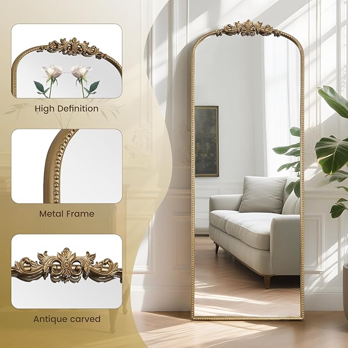 WallBeyond Arched Full Length Mirror Wall Mounted, 21x56 Inch Gold Antique Mirror, Vintage Metal Frame Full Body Mirro for Bedroom, Living Room, Hanging or Leaning