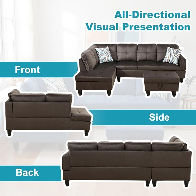 L Shaped Couch Modern Sectional Couch Upholstered Flannel Fabric 3 Pieces Sofas for Living Room with Chaise, Storage Ottoman for Office and Small Apartment, Dark Brown