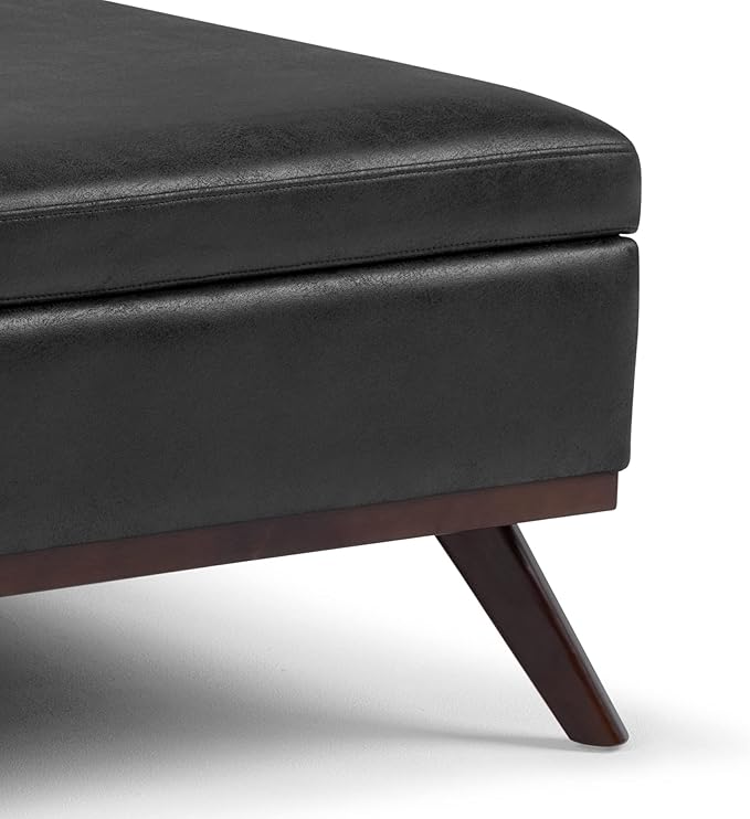 SIMPLIHOME Owen 36 inch Wide Mid Century Modern Square Coffee Table Storage Ottoman in Distressed Black Vegan Faux Leather, Assembled, for the Living Room, Entryway and Family Room