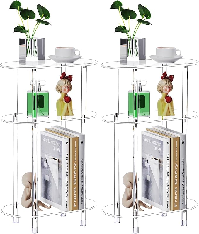 Clear Acrylic Narrow Side Table Set of 2 for Small Spaces, 15.75" L x 7.87" W x 24.6" H, 3 Tier Oval Slim End Table Nightstand, Small Skinny Bedside Table for Bedroom, Bathroom, Living Room