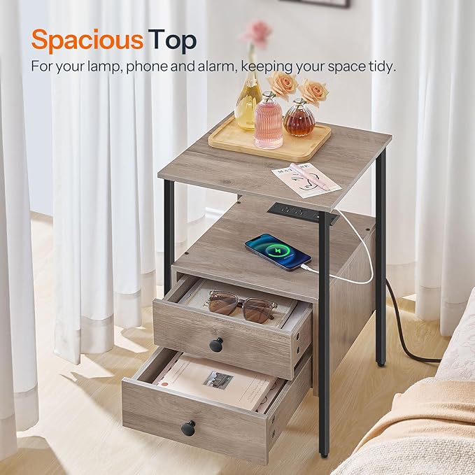 HOOBRO End Table with Charging Station, Nightstand with 2 Drawer & USB Ports & Power Outlets, Bedside Table for Small Spaces, Stable and Sturdy, for Living Room, Bedroom, Greige and Black BG43UBZ01