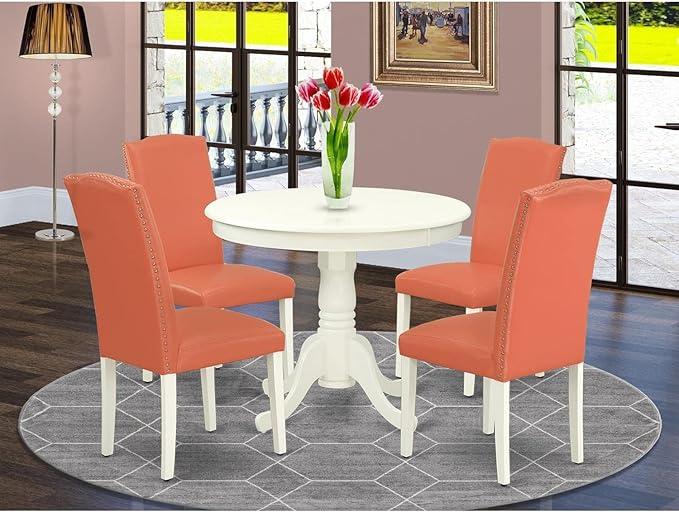 East West Furniture ANEN5-LWH-78 5 Piece Modern Dining Table Set Includes a Round Kitchen Table with Pedestal and 4 Pink Flamingo Faux Leather Parson Dining Chairs, 36x36 Inch, Linen White