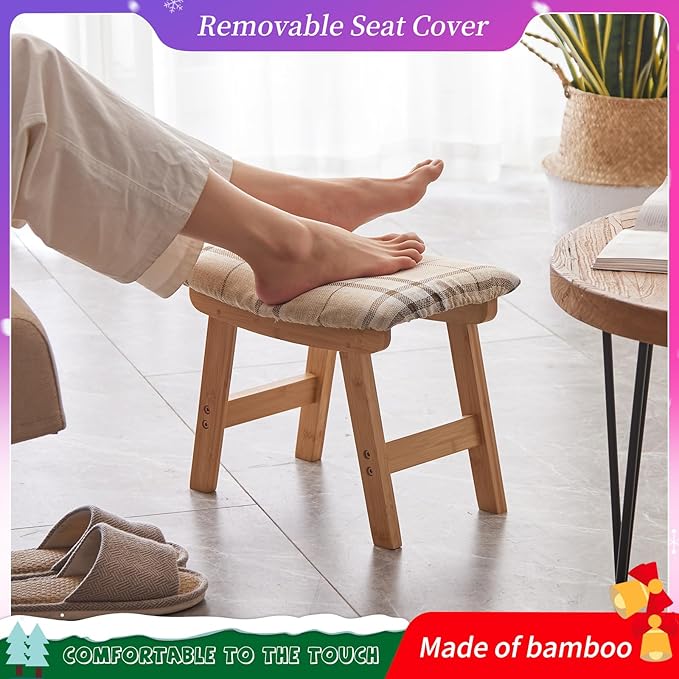 Foot Stool,Ottoman,Bamboo Small Sofa Foot Rest Under Desk,Extra Seating for Living Room, Bedroom and Kitchen (Natural Stool Legs - Stripes Surface)