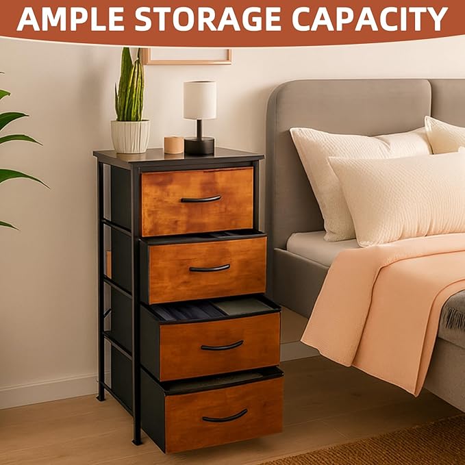 Nightstand with 4 Fabric Bins, Bedside Furniture, Night Stand, End Table Nightstand Storage Tower Unit Organizer with 4 Fabric Bins for Living Room (Rust Brown)