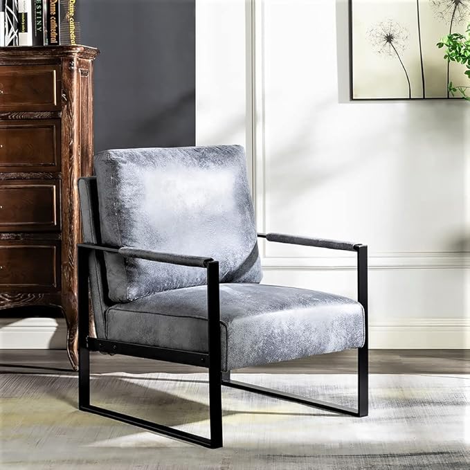 Container Furniture Classic Mid Century Modern Accent Chair with Durable Square Metal Frame, Armchair for Living Room, Bedroom, Home Office in Spotted Microfiber Upholstery, Grey