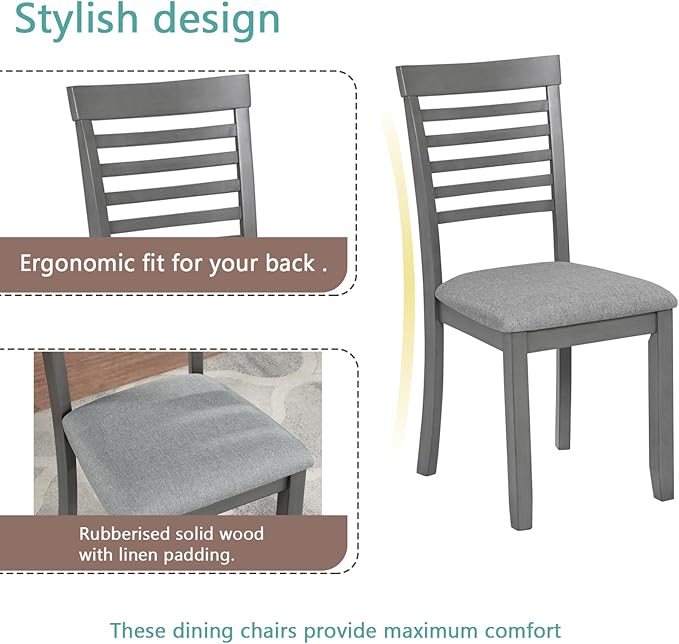 KEIKI 5-Piece Standard Height Dining Table Set with Rectangular Table and 4 Upholstered Ladder Backrset Chair, for 4 Person, Modern Wooden Table Set, Easy Assembly, for Kitchen, Dining Room, Gray