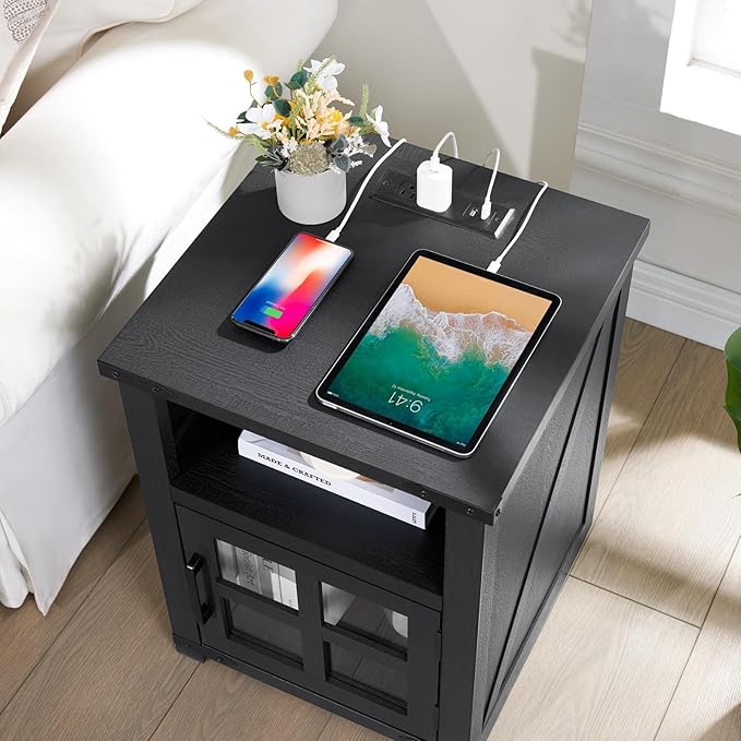Farmhouse Nightstand with Charging Station, Rustic End Table with Tempered Glass Barn Door, Wood Sofa Side Bedside Table with Open Storage Shelf for Living Room, Bedroom (Black)