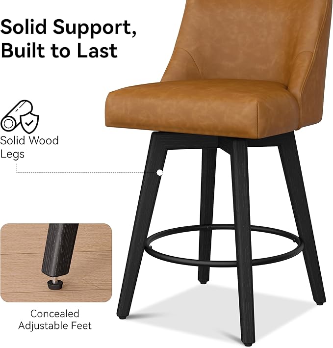 Counter Height Bar Stools Set of 8, Modern Swivel Barstools with Back and Wood Legs, Faux Leather Upholstered Bar Chairs, 26" H Kitchen Counter Stools, Kitchen Island Home Bar, Whisky Brown
