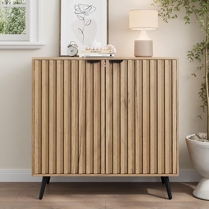 Smuxee Fluted Sideboard Cabinet, Freestanding Natural Buffet Cabinet with Adjustable Shelf, Wood Storage Cabinet for Living Room, Entryway, Hallway