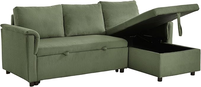 Ball & Cast Reversible Sectional Sofa Couch,L-Shape Sleeper Sofa Bed with Storage Chaise Pull Out Couch for Living Room | Hidden Storage | Pull Out Bed | Removable Backrest | Corduroy Fabric,Green