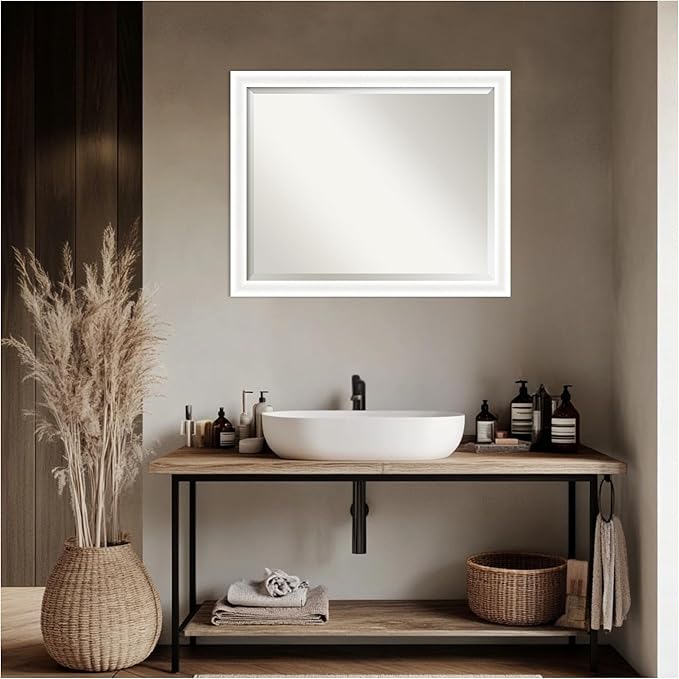 Amanti Art White Bathroom Mirror for Over Sink, 25x31 Oliver White Narrow Rectangle Vanity Mirror, Large Modern Wood Frame, Hangs Horizonally and Vertically, Bathroom Wall Decor, Beveled Edge
